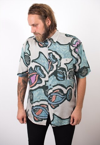 VINTAGE 80S COLOURFUL ABSTRACT SHORT SLEEVE SILK SHIRT