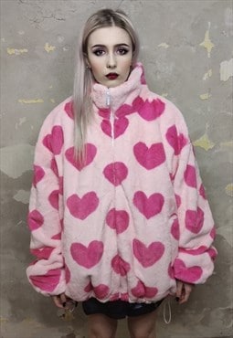 Heart fleece bomber handmade fluf love jacket in pastel pink