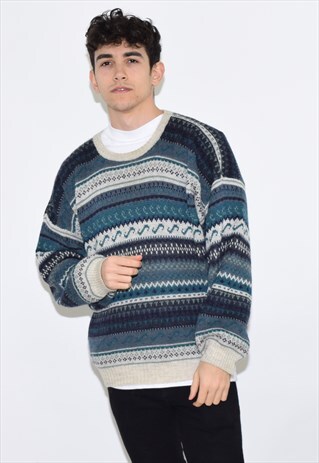VINTAGE 90S BLUE WHITE PATTERNED KNIT SWEATER