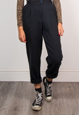 90'S RETRO BLACK HIGH WAIST TAPERED WOOL TROUSERS