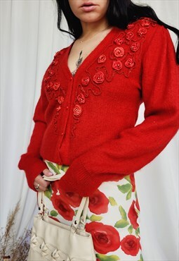 1980s red appliqued puff sleeve buttons cardigan sweater