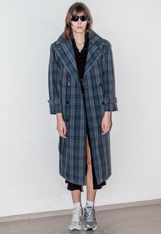 VINTAGE CHECKERED BLUE DOUBLE-BREASTED TRENCH COAT / UNISEX