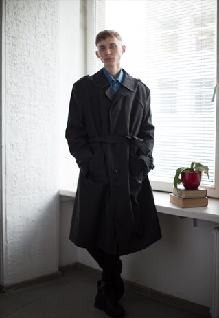 VINTAGE 80'S BLACK TRENCH STYLE BELTED COAT