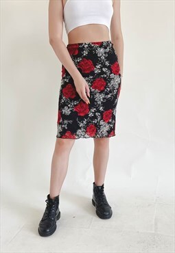 Vintage Y2k Romantic Stretchy Floral Print Mesh Skirt S