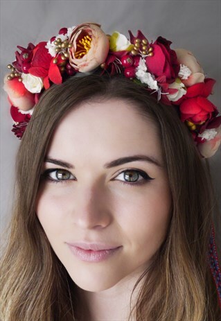 HANDMADE VINTAGE FESTIVAL FLOWER CROWN IN RED