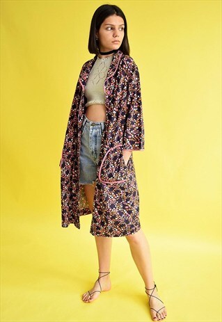 70'S HIPPIE BOHO FESTIVAL FLORAL PATTERN MIDI KIMONO JACKET