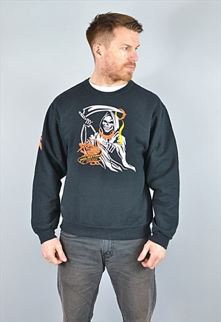 VINTAGE GRIM REAPER HALLOWEEN PRINTED SWEATSHIRT BLACK