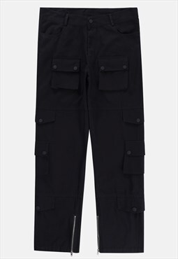 Cargo pocket joggers side leg zipper overalls in black