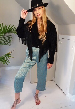 BABY BLUE SATIN PRINT CROPPED TROUSERS