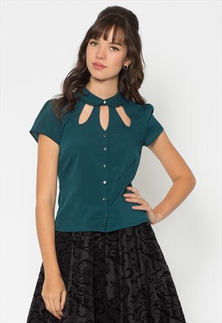 TEAL SHORT SLEEVE KEY HOLE BLOUSE