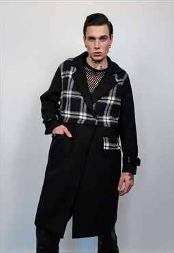 Detachable coat color block trench plaid utility jacket