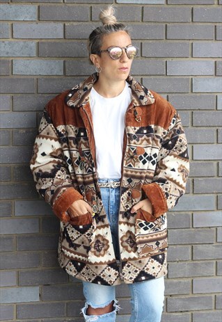 VINTAGE 1990S AZTEC PRINTED AND SUEDE OVERSIZED FLEECE COAT