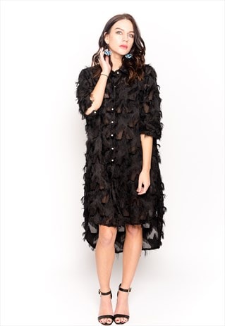 FEATHER TASSEL LOOK EMBROIDERED PRINT OVERSIZE SHIRT DRESS