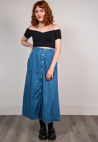 90'S VINTAGE BOHO HIPPIE BLUE DENIM MIDI SKIRT