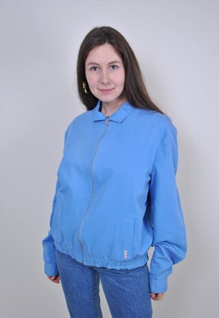 80S BLUE BOMBER JACKET, VINTAGE CASUAL WORKER AVIATOR JACKET