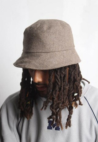 VINTAGE TWEED BUCKET HAT CAP BROWN 