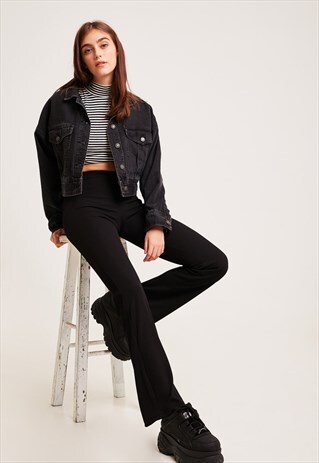 RIBBED FLARED TROUSERS IN BLACK