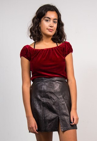 VINTAGE 90'S DARK RED RUCHED NECK VELVET TOP