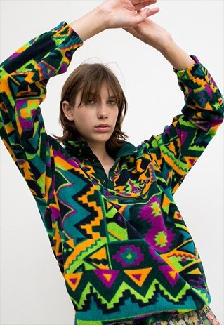 VINTAGE FILA FLEECE PULLOVER JUMPER DARK GEOMETRICAL PATTERN
