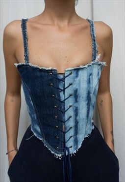 Sky. Raw edges denim corset top with smudged stripes print