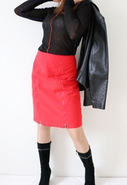 Vintage Nylon Midi Skirt Cargo Utility Style Red M UK 12