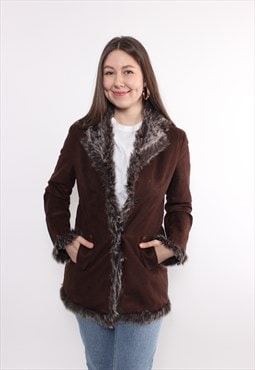 Brown penny lane coat, 90s vintage faux fur jacket, retro 