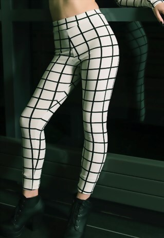 GRID PRINT HIGH WAIST LEGGINGS IN WHITE