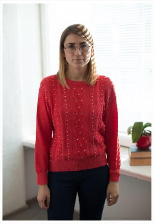 VINTAGE 80'S SALMON RED PEARL BEADED JUMPER