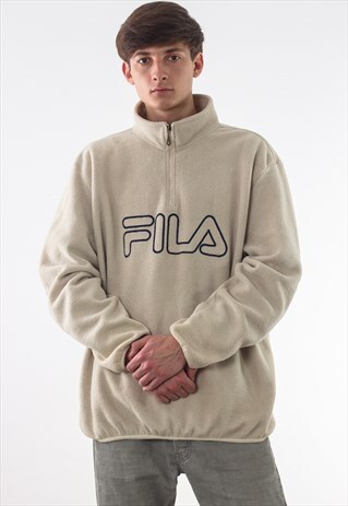 VINTAGE FILA PULLOVER HALF ZIP JACKET 90S BEIGE BIG LOGO