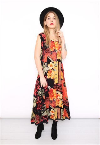 VINTAGE 90S BOLD FLORAL PRINT MIDI DRESS
