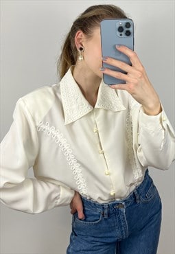 Romantic White Embroidered Blouse, Office Blouse