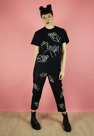 HANDS LINE DRAWING PRINT BLACK HIGH WAIST PEG LEG TROUSERS