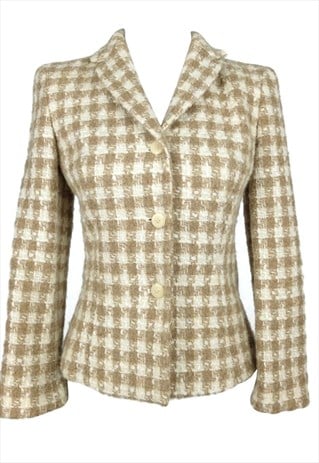 VINTAGE 80S MOD BEIGE HOUNDSTOOTH FUZZY WOOL BLAZER JACKET