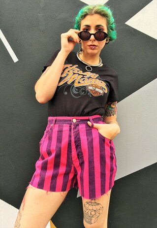 VINTAGE PINK AND PURPLE STRIPED DENIM SHORTS