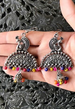CHUNKY SILVER METAL PEACOCK EARRINGS MULTICOLOUR BEADS ETHNI