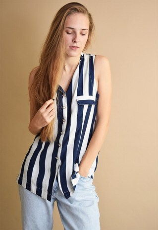 VINTAGE 90'S RETRO SLEEVELESS STRIPED BLOUSE TOP