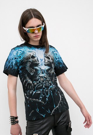 VINTAGE T-SHIRT BLACK SKULL BLUE FLAME SKELETON TATTOO Y2K