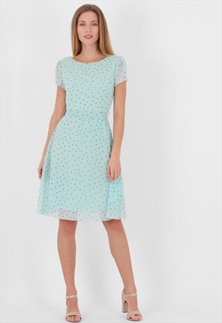 CREW NECK MINI POLKA DOT BELTED MINI A-LINE DRESS