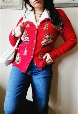 1980s red embroidered Christmas buttons cardigan sweater