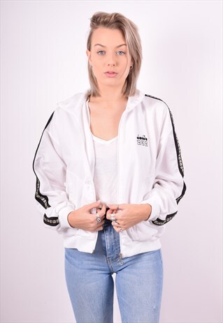 DIADORA WOMENS VINTAGE TRACKSUIT TOP JACKET LARGE WHITE 90'S