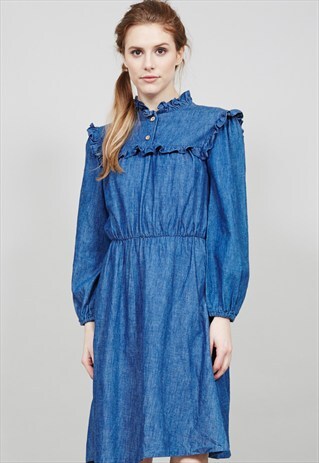 VINTAGE 1970'S BLUE DENIM VICTORIAN INSPIRED MIDI DRESS