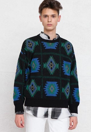 VINTAGE BLACK BLUE JOCKEY ROUND NECK KNIT JUMPER SWEATER