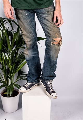 VINTAGE LEVI'S 501 JEANS IN BLUE WITH RIPS AND PAINT MARKS