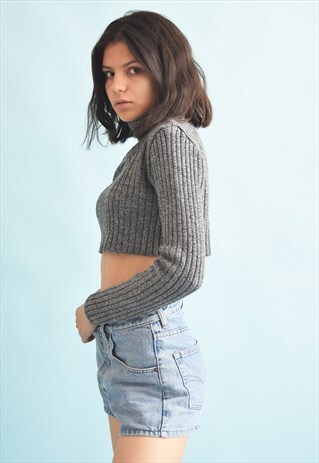 90'S RETRO JAZZY KNIT FESTIVAL ROLL NECK GRUNGE CROP JUMPER