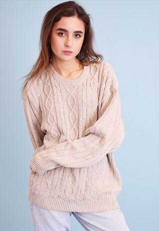 90'S RETRO ARAN STYLE NEUTRAL KNIT OVERSIZED JUMPER TOP