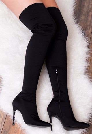 MARLEY HIGH HEEL STILETTO THIGH BOOTS - BLACK STRETCH