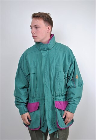 90S GREEN RAINJACKET, VINTAGE TRAVEL PARKA, SIZE L