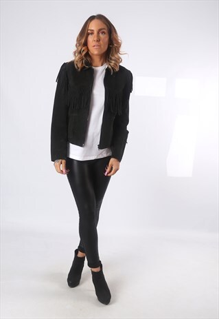 SUEDE LEATHER TASSEL FRINGE JACKET VINTAGE UK 10 (53U)