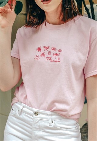 ORGANIC UNISEX T-SHIRT IN PINK WITH BUG SLOGAN EMBROIDERY