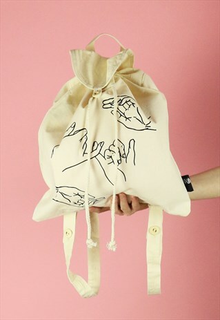 HANDS LINE DRAWING PRINT CANVAS BACKPACK - BLACK ON NATURAL